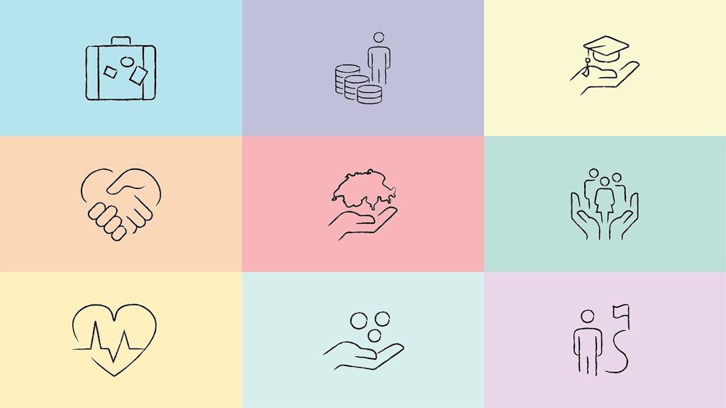 Neun farbige Quadrate mit einfachen Linienzeichnungen: Koffer, Münzstapel mit Person, Hand mit Doktorhut, Händedruck, Hand mit Schweiz-Karte, Hände mit Personen, Herz mit Herzschlaglinie, Hand mit Münzen, Person mit Flagge.