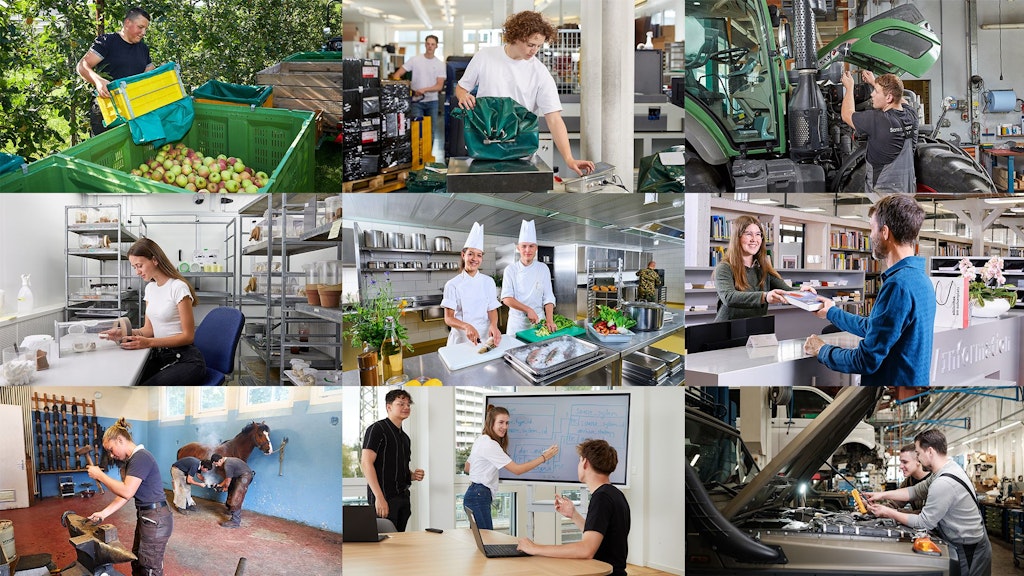 Eine Collage mit 9 Berufsbilder zeigt die angebotenen Lehrberufe.
