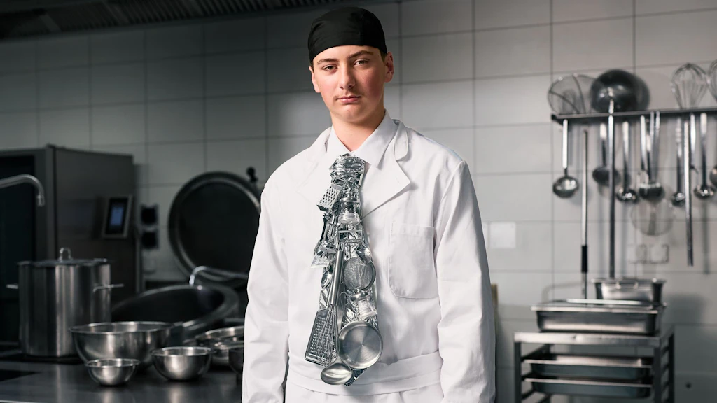 Ein junger Mann steht in einer modernen Großküche und trägt eine weiße Kochjacke sowie eine schwarze Kochmütze. Auf seiner Jacke ist eine große, fotorealistische Krawatte mit Küchenutensilien wie Schneebesen, Schöpflöffel und Sieb abgebildet. Im Hintergrund sind Edelstahltische, große Kochtöpfe, Metallschüsseln und an der Wand hängende Küchenwerkzeuge zu sehen. Die Szene ist klar ausgeleuchtet.