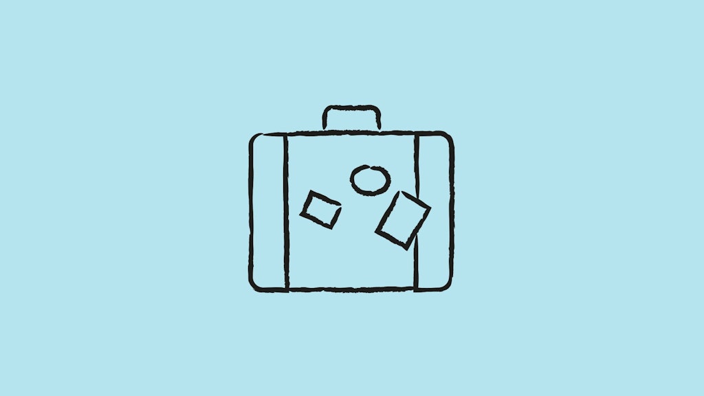 Black line drawing of a suitcase with three stickers on a light blue background.