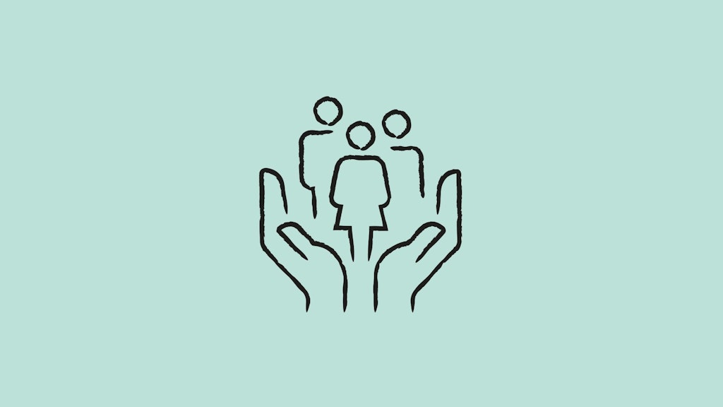 Two hands holding a group of three stylized people, one wearing a skirt.