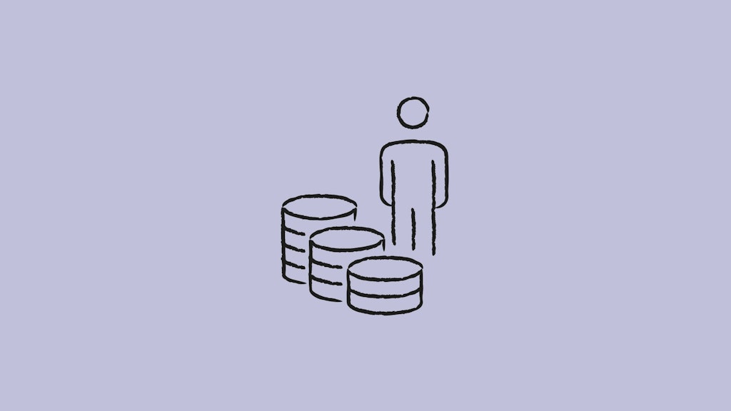 Line drawing of a standing person next to three stacks of coins.