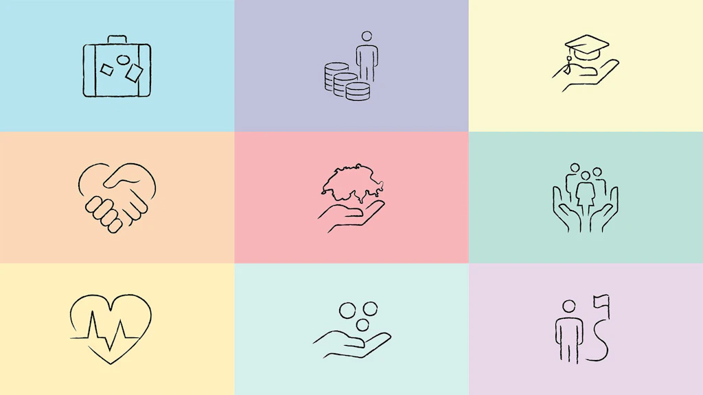 Nine colored squares each with a simple line drawing: suitcase, stack of coins with person, hand holding graduation cap, handshake, hand holding map of Switzerland, hands holding people, heart with heartbeat line, hand with coins, person with flag.