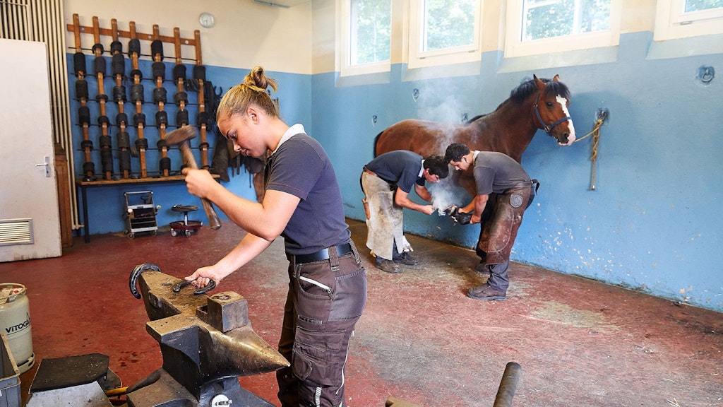 Deux maréchaux-ferrants travaillent aux sabots d’un cheval brun dans un atelier, une autre personne utilise une enclume.