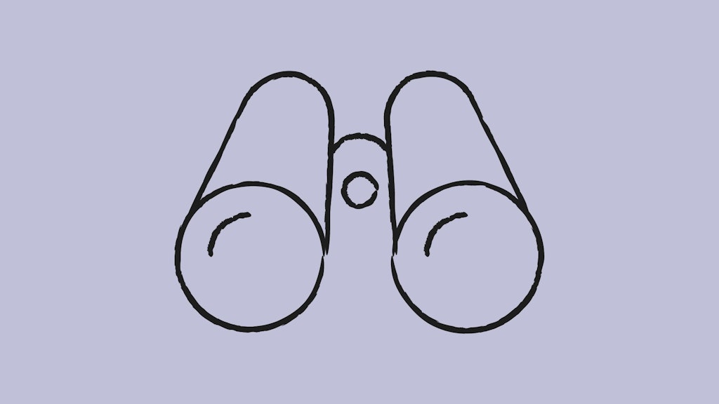 Dessin au trait en noir et blanc de jumelles avec deux lentilles rondes et une molette de mise au point centrale.