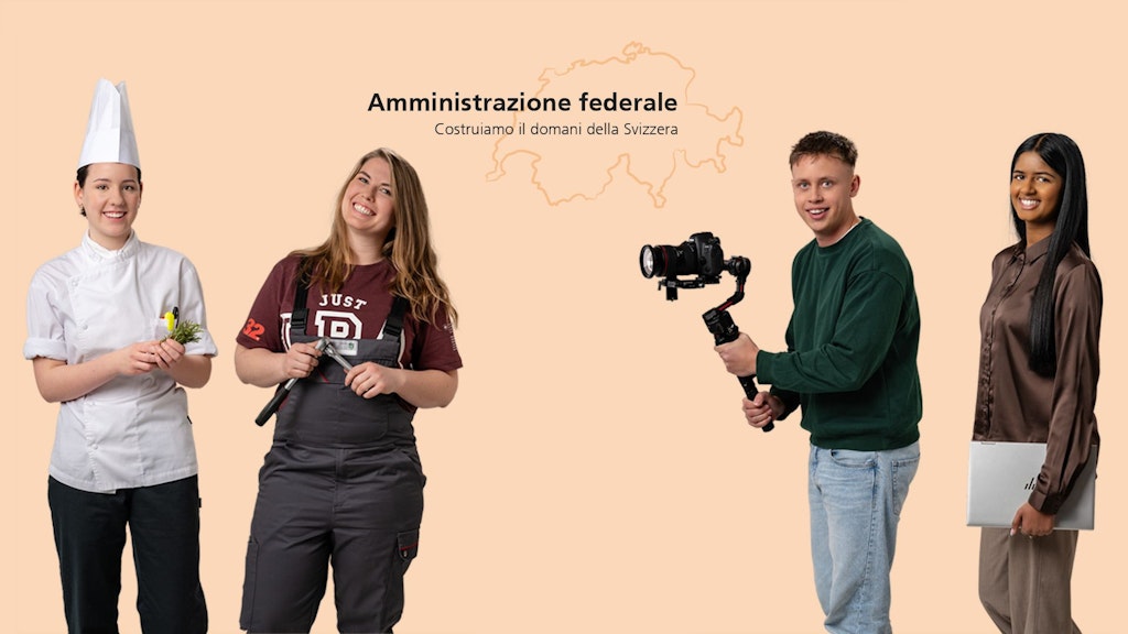 Cinque apprendisti con abiti da lavoro diversi: cuoco con cappello, artigiana con attrezzo, cameraman con videocamera, impiegata con cartella, tecnico con tablet.