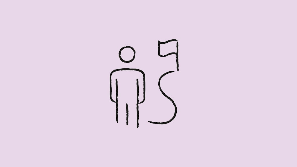 Disegno al tratto di una persona in piedi accanto a una bandiera su un’asta curva.